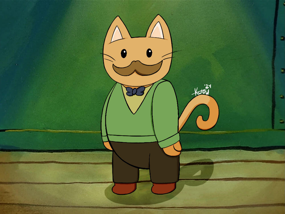 A bipedal orange cat with a brown mustache wearing a green sweater, blue bowtie, brown dress pants, and red shoes. His black eyes shin from the light's reflection. His tail aroused and curls slightly behind them. The cat is standing underneath a spotlight