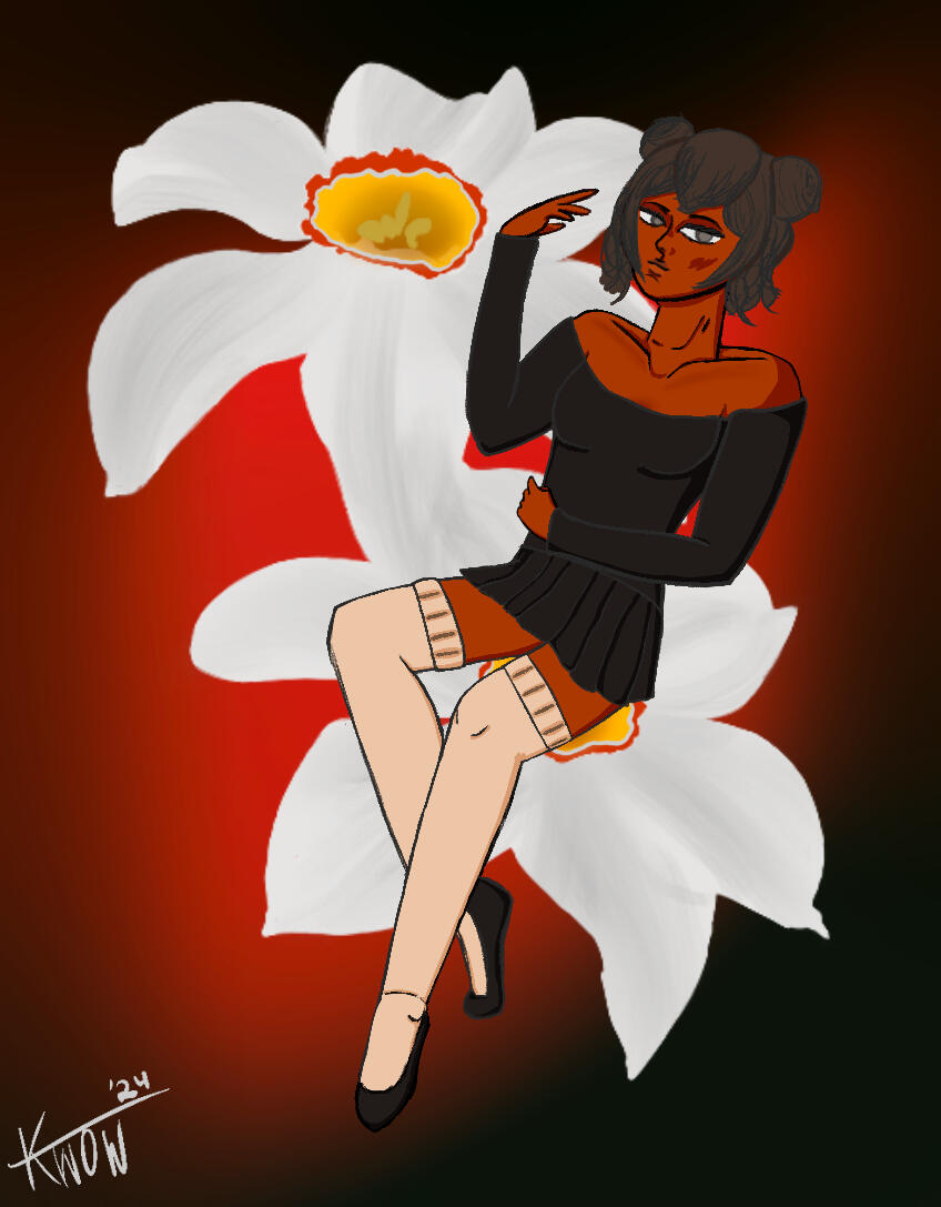 A young woman with red skin is seated on a white flower, wearing a long-sleeve black dress that goes down to her thighs, cream-colored stockings past her knees, and black slippers. Parts of her wavy brown hair is tied into two buns on each side of her head